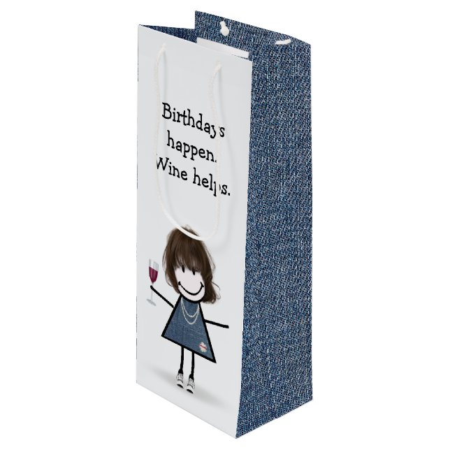 Birthday Stick Figure Girl with Wine Glass Wine Gift Bag (Front Angled)