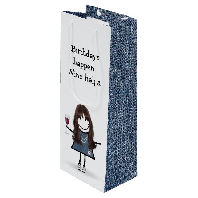 Birthday Stick Figure Girl with Wine Glass Wine Gift Bag (Front Angled)