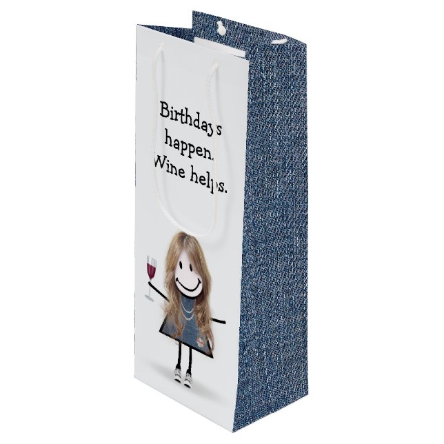Birthday Stick Figure Girl with Wine Glass Wine Gift Bag (Front Angled)