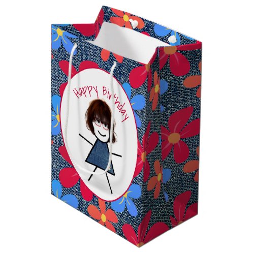 Birthday Stick Girl and Daisies On Blue Denim Medium Gift Bag