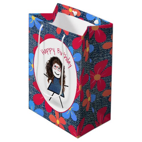 Birthday Stick Girl and Daisies On Blue Denim  Medium Gift Bag