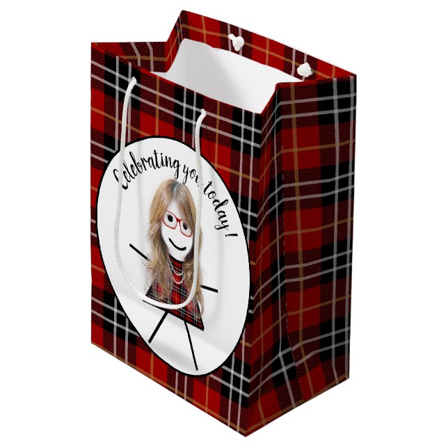 Birthday Stick Girl on Tartan Plaid  Medium Gift Bag (Front Angled)