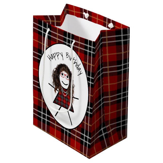 Birthday Stick Girl on Tartan Plaid  Medium Gift Bag (Front Angled)