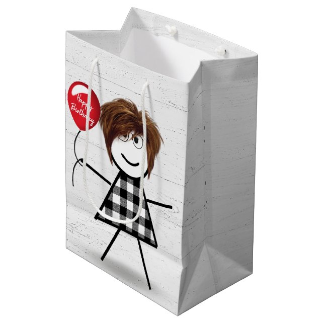 Birthday Stick Girl with Balloon on Wood  Medium Gift Bag (Front Angled)