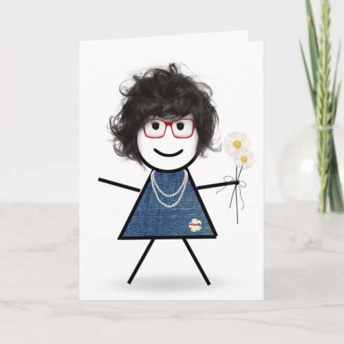 Birthday Stick Girl with Daisies Card