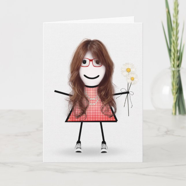 Birthday Stick Girl With Daisies  Card (Front)
