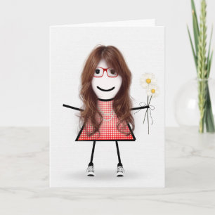 Birthday Stick Girl With Daisies  Card