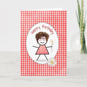 Birthday Stick Girl with Daisies Card