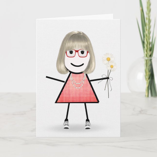 Birthday Stick Girl With Daisies   Card (Front)