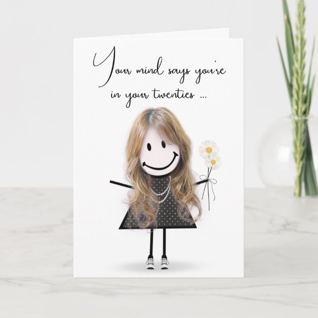 Birthday Stick Girl with Daisy Bouquet Card (Front)