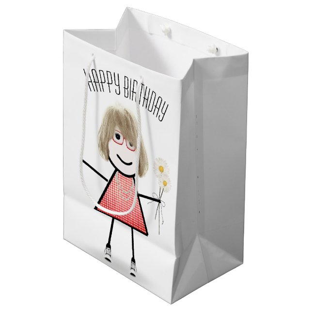 Birthday Stick Girl with Daisy Bouquet Medium Gift Bag (Front Angled)