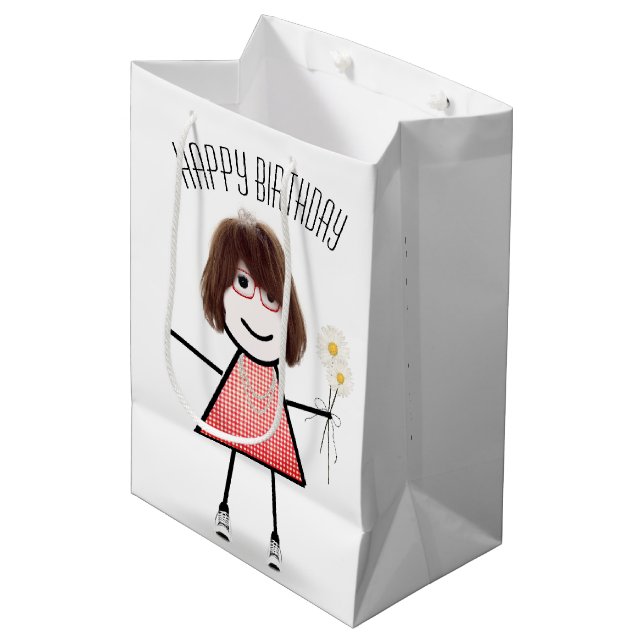 Birthday Stick Girl with Daisy Bouquet Medium Gift Bag (Front Angled)