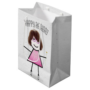 Birthday Stick Girl with Daisy   Medium Gift Bag