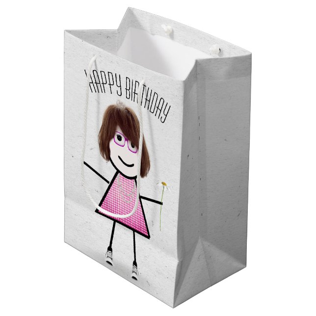 Birthday Stick Girl with Daisy   Medium Gift Bag (Front Angled)