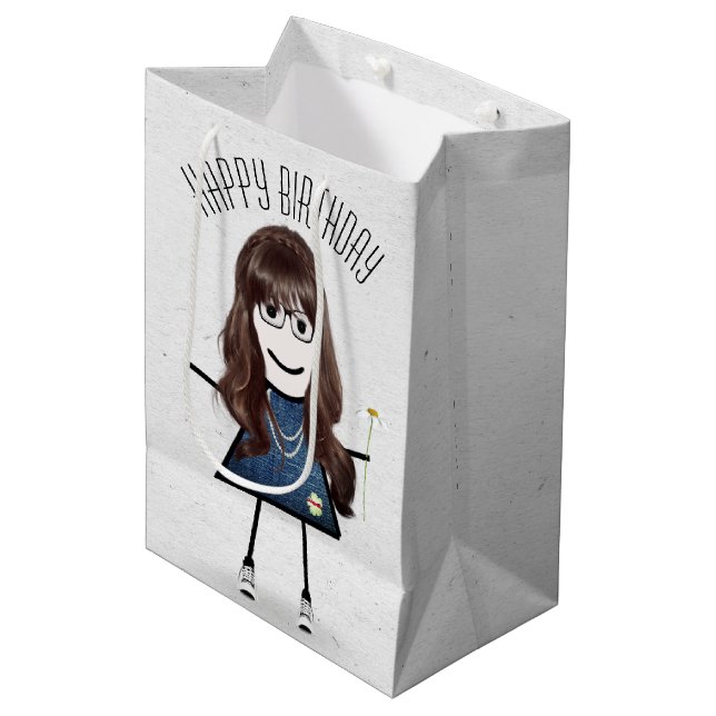 Birthday Stick Girl with Daisy  Medium Gift Bag (Front Angled)