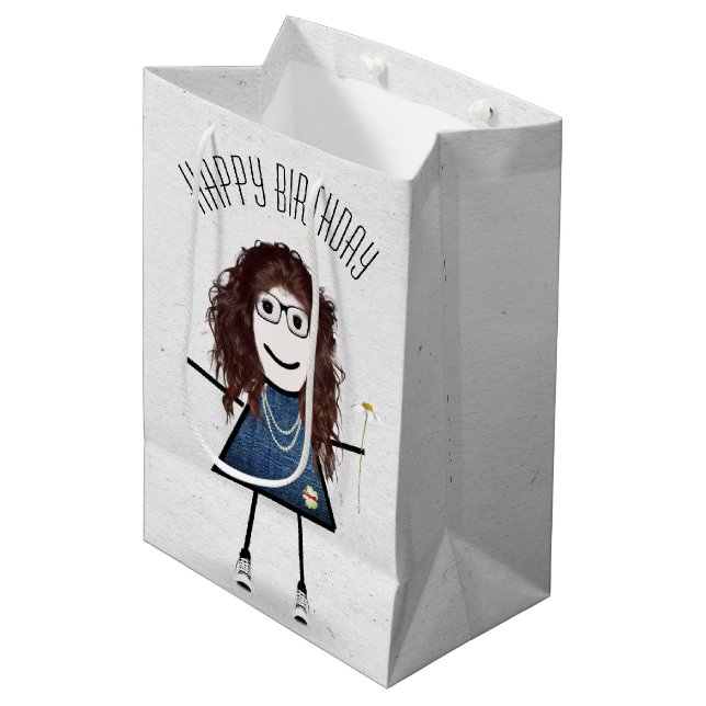 Birthday Stick Girl with Daisy  Medium Gift Bag (Front Angled)