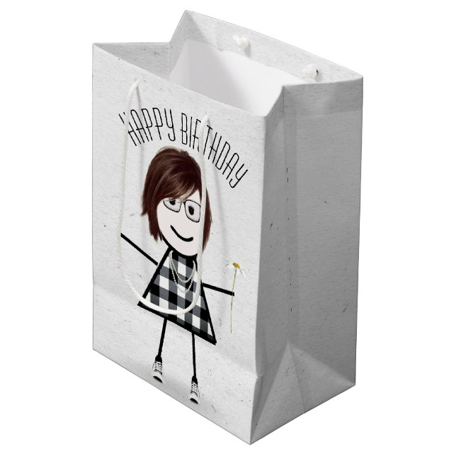 Birthday Stick Girl with Daisy  Medium Gift Bag (Front Angled)