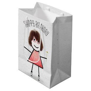 Birthday Stick Girl with Daisy   Medium Gift Bag