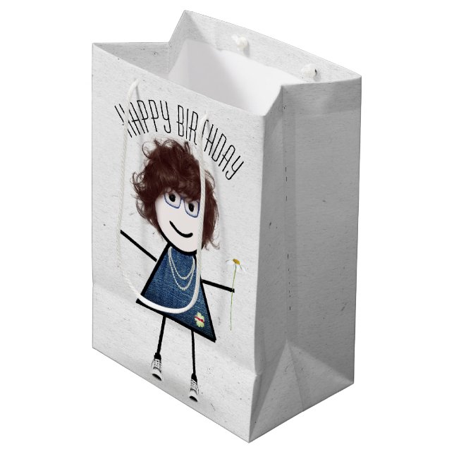 Birthday Stick Girl with Daisy  Medium Gift Bag (Front Angled)