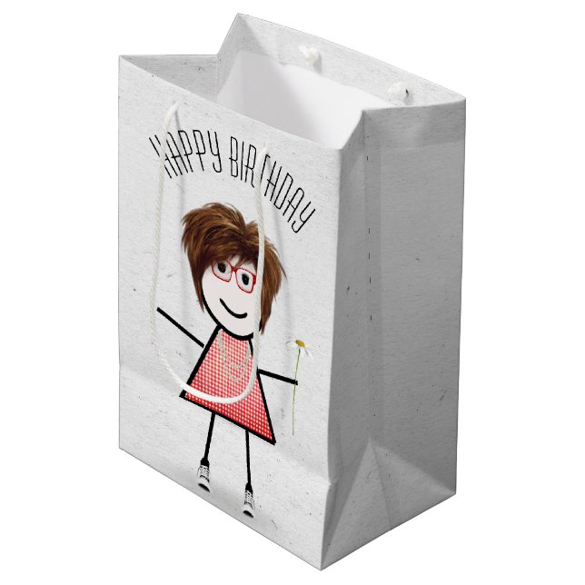 Birthday Stick Girl with Daisy    Medium Gift Bag (Front Angled)