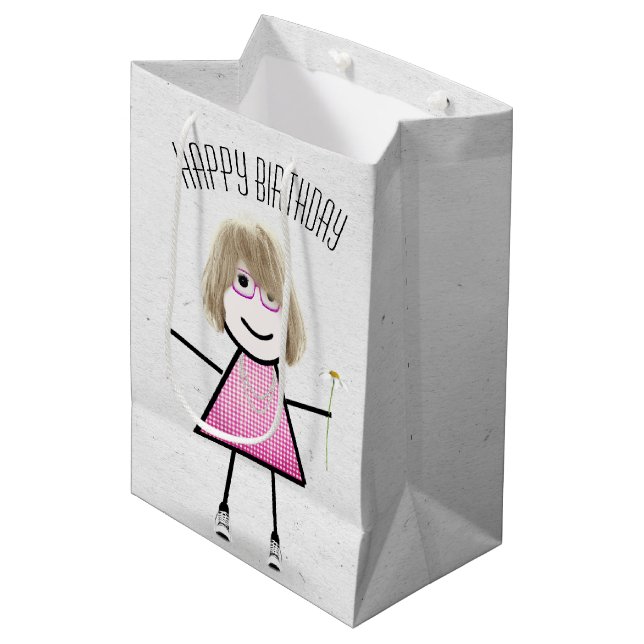 Birthday Stick Girl with Daisy  Medium Gift Bag (Front Angled)