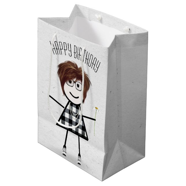 Birthday Stick Girl with Daisy    Medium Gift Bag (Front Angled)