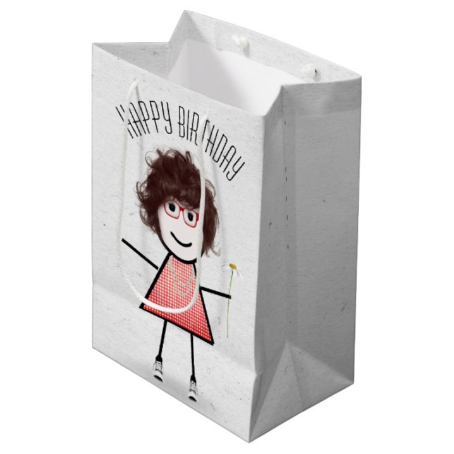 Birthday Stick Girl with Daisy   Medium Gift Bag (Front Angled)
