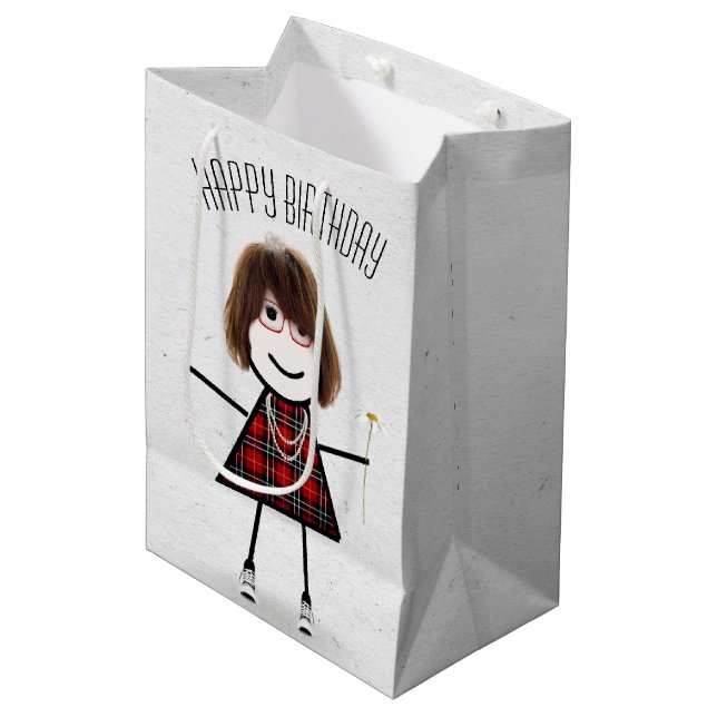 Birthday Stick Girl with Daisy  Medium Gift Bag (Front Angled)