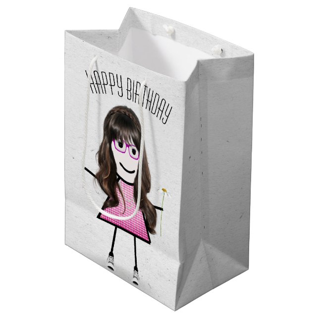 Birthday Stick Girl with Daisy    Medium Gift Bag (Front Angled)