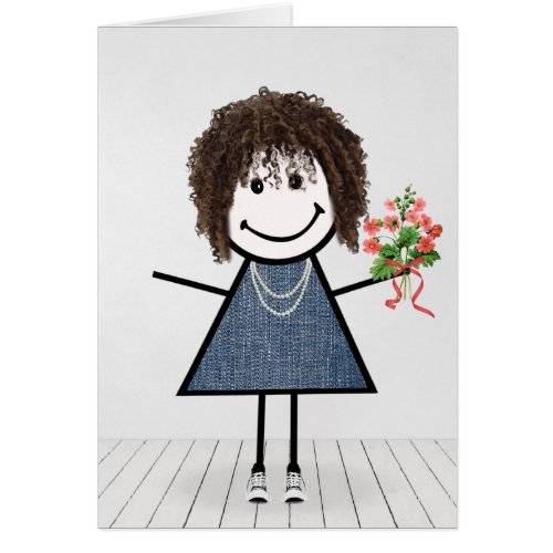 Birthday Stick Girl with Flower Bouquet