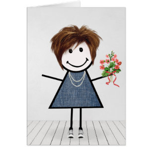 Birthday Stick Girl with Flower Bouquet