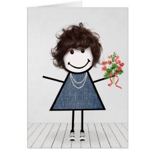 Birthday Stick Girl with Flower Bouquet Cards