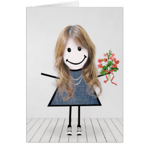 Birthday Stick Girl with Flower Bouquet Cards