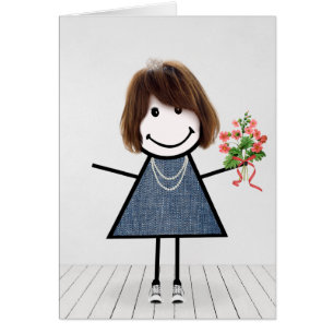 Birthday Stick Girl with Flower Bouquet Cards