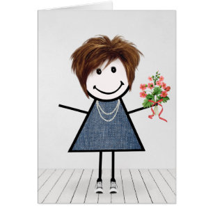 Birthday Stick Girl with Flower Bouquet Cards