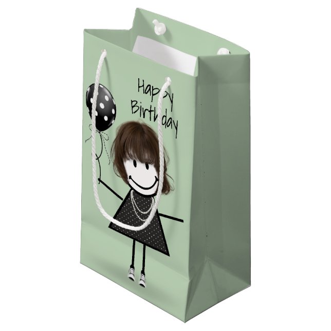 Birthday Stick Girl with Polka Dot Balloon  Small Gift Bag (Front Angled)
