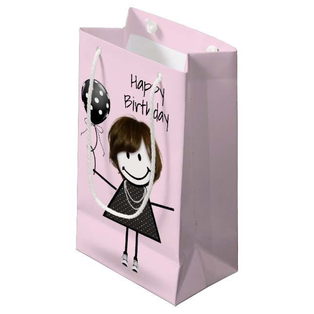 Birthday Stick Girl with Polka Dot Balloon Small Gift Bag (Front Angled)