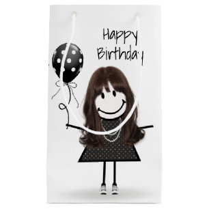 Birthday Stick Girl with Polka Dot Balloon Small Gift Bag