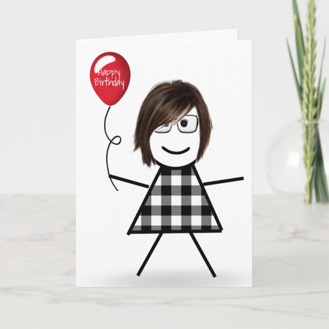 Birthday Stick Girl with Red Balloon  Card (Front)
