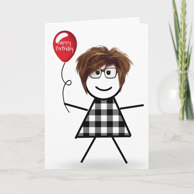 Birthday Stick Girl with Red Balloon  Card (Front)