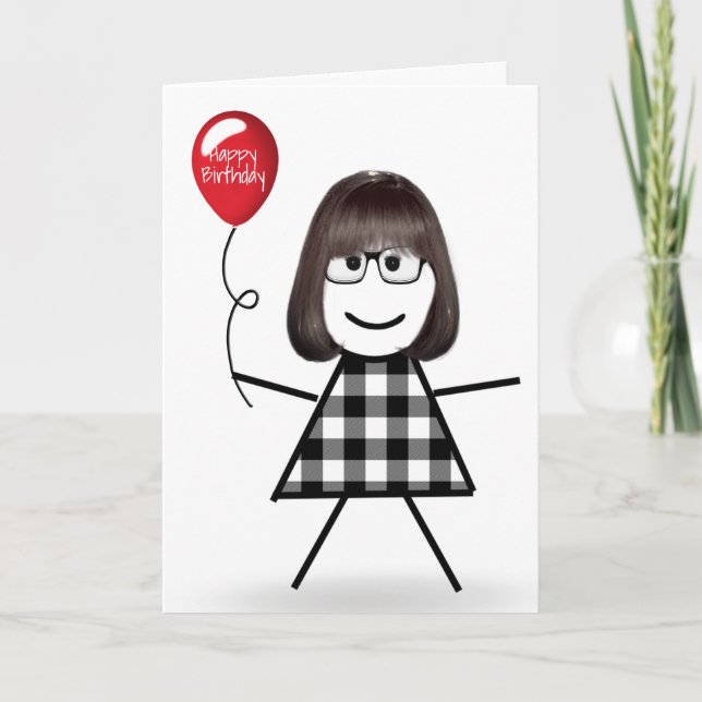 Birthday Stick Girl with Red Balloon  Card (Front)