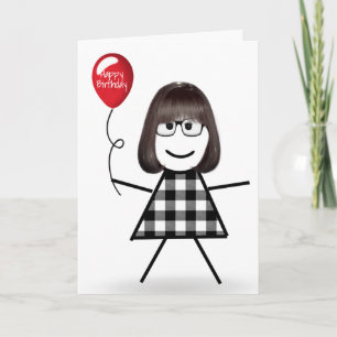 Birthday Stick Girl with Red Balloon  Card
