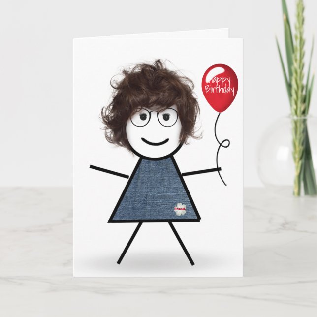 Birthday Stick Girl with Red Balloon Card (Front)