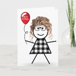 Birthday Stick Girl with Red Balloon Card