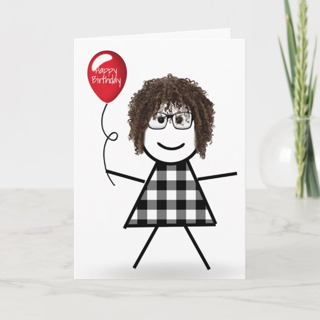 Birthday Stick Girl with Red Balloon  Card (Front)