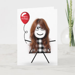 Birthday Stick Girl with Red Balloon Card