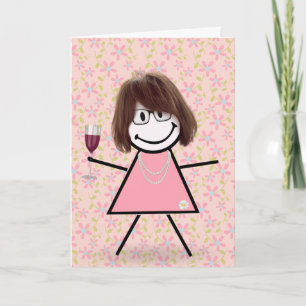 Birthday Stick Girl With Red Wine  Card
