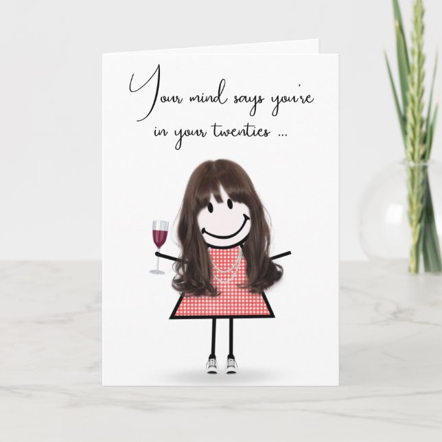 Birthday Stick Girl with Red Wine Card (Front)