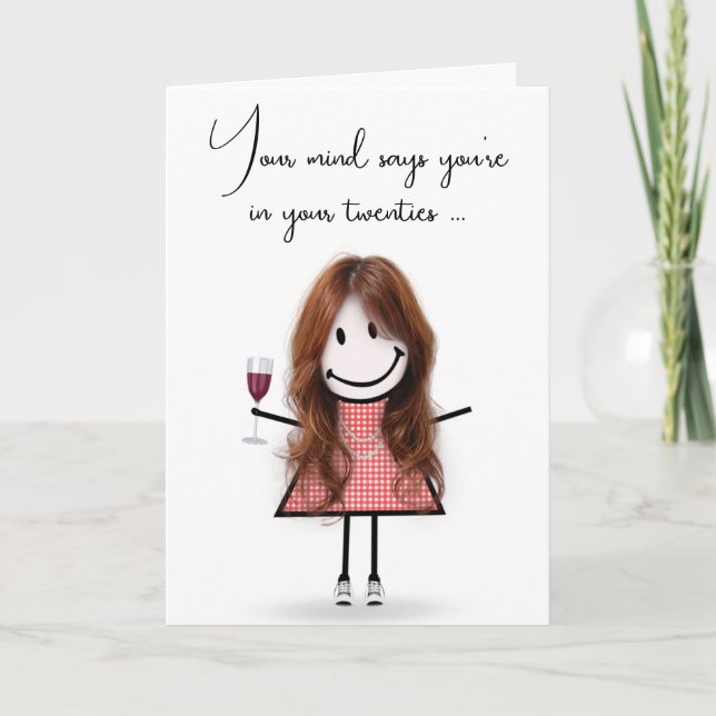 Birthday Stick Girl with Red Wine Card (Front)