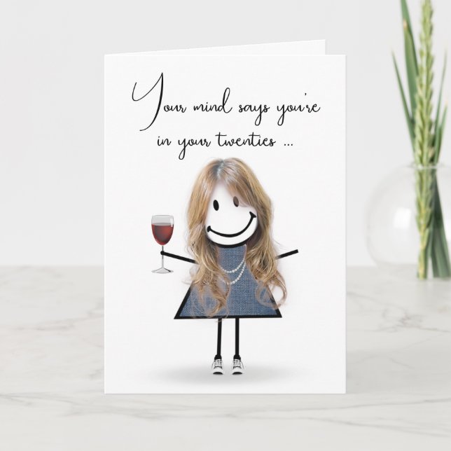 Birthday Stick Girl with Wine Glass  Card (Front)